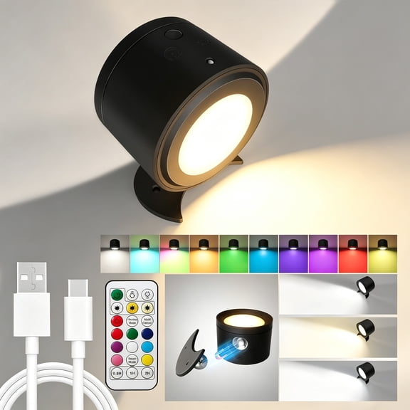 Wall Light,Magnetic Wall Sconce,Rechargeable Wall Lamp with Motion Sensor,LED 3 Color 4 Brightness Stepless Dimming,360° Rotate,Remote Control,Cordless Wall Lamp for Bedroom,Reading,Hallway,Black