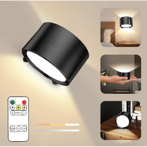 Wall Light,Magnetic Wall Sconce,Rechargeable Wall Mounted Lamp with LED 3 Color 4 Brightness Stepless Dimming,360° Rotate,Remote Control,Cordless Wall Lamp for Bedroom,Reading,Bedside,Closet,Hallway