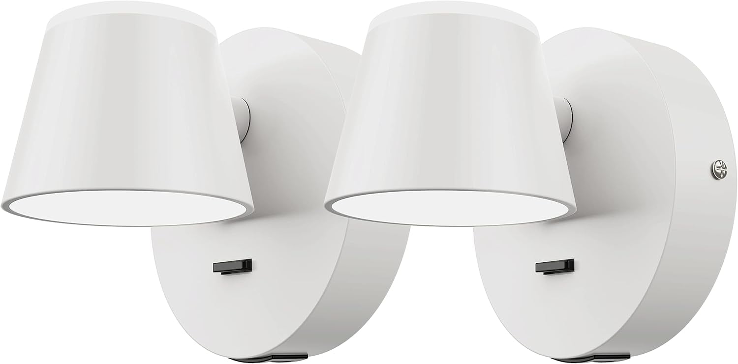 Wall Light Set of Two, LED Wall Sconce with On/Off Switch USB Charging Port 110 Volt Hardwired Wall Lamp 350 Rotatable Up Down Sconces Wall Lighting (White)