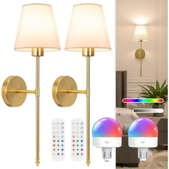 Wall Lights Battery Operated Wall Sconces Set of 2,Gold Wireless Wall Sconces with Remote,9 Colors Modes Rechargeable Wall lamp for Bedroom Living Room
