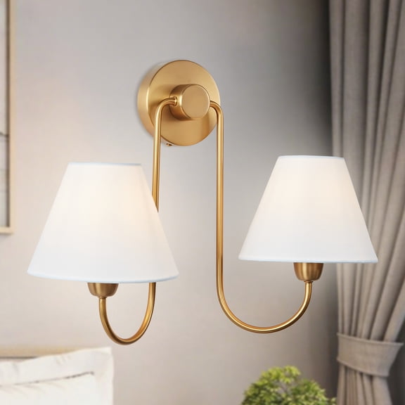 Mid-Century Conical White Linen Shade Antique Brass Double Wall-Mounted Sconce, Natural Wall Light, Wall lamp with Soft Shine, Indoor Sconce for Living Room, Dining Room, Bedroom