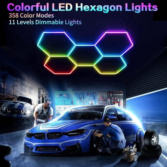 Wall Lights, RGB Hexagon LED Garage Lights, Honeycomb Lights, 720W - 358 Color Modes, Music Sync Supported(5 Hex Grids)