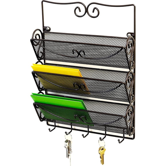Wall Mail Organizer with 5 Key Holder, 3 Tier, Bronze