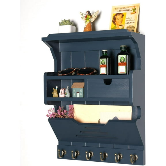 Wall Mail Organizer with Storage Drawer and 6 Hooks, Easy Install Key Rack for Entryway and Home Decor, Luxury Gray