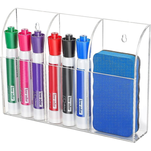 Wall Marker Holder, 3 Compartments Desk Acrylic Organizer for Remotes, Pens, Makeup, Markers, Clear Remote Control Holder for Whiteboard Accessories-7.8'' x 1.6'' x 5.5''