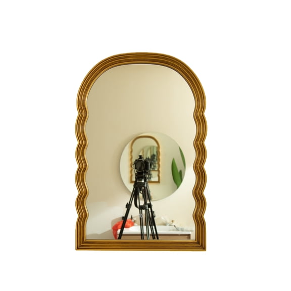 Wall Mirror 24'' Lumina Mirror, Golden Scalloped Sides Retro-style Arched PU Decorative Mirror, Three Color Temperatures are Available, Suitable for Bathroom, Bedroom, Living Room, Corridor, Entryway