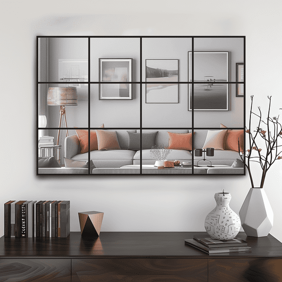 Wall Mirror 24" x 36", Window Pane Grid Mirror Modern Style for Bedroom, Living Room, Bathroom, Rectangular Black Aluminum Framed