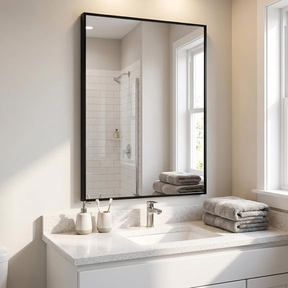 Wall Mirror, 26" x 38" Black Rectangular Bathroom Mirror with Metal Frame, Hangs Horizontal or Vertical for Living Room Bedroom Bathroom Entryway