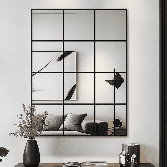 Wall Mirror 30" x 40", Window Pane Grid Mirror Modern Style for Bedroom, Living Room, Bathroom, Rectangular Black Aluminum Framed