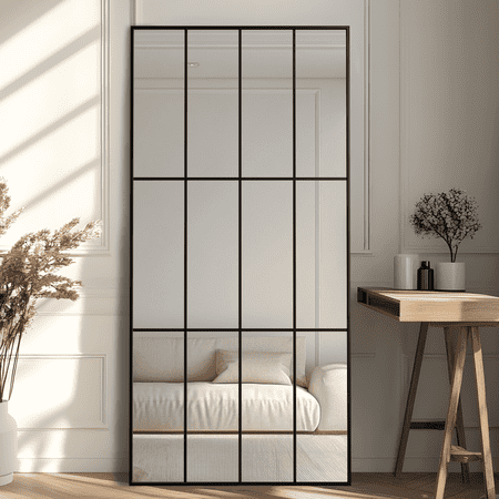 Wall Mirror 30" x 60", Window Pane Grid Mirror Modern Style for Bedroom, Living Room, Bathroom, Rectangular Black Aluminum Framed