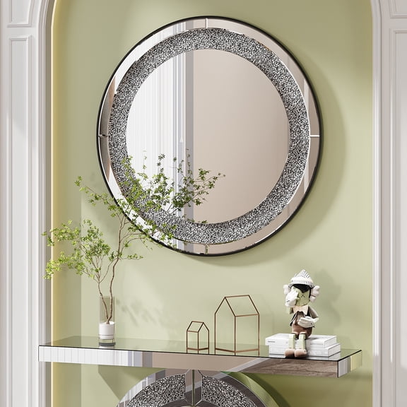 Wall Mirror 33.46"(85cm)Crystal Crush Diamond Sparkly round Silver Mirror for Wall Decoration,Bathroom Mirror