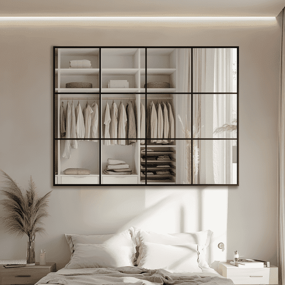 Wall Mirror 36" x 48", Window Pane Grid Mirror Modern Style for Bedroom, Living Room, Bathroom, Rectangular Black Aluminum Framed
