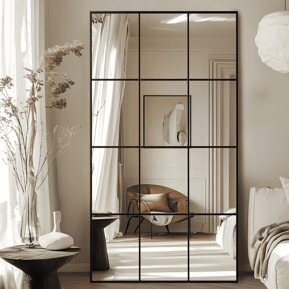 Wall Mirror 36" x 60", Window Pane Grid Mirror Modern Style for Bedroom, Living Room, Bathroom, Rectangular Black Aluminum Framed