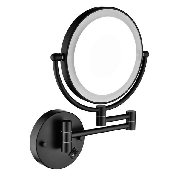Wall Mirror, 8 Inch LED Wall Mount Two-Sided Magnifying Makeup Vanity Mirror, 12 Inch Extension Matte Black, 1X/3X Magnification, 360 Degree Rotation, Waterproof Button Shaving Mirror
