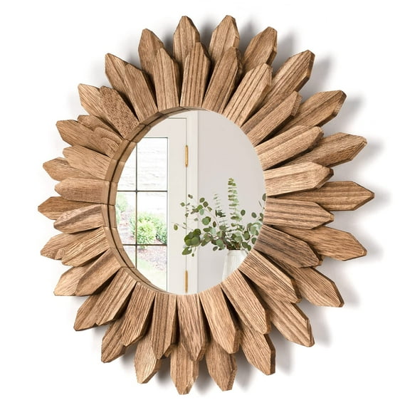 12 inch Rustic Wood Mirror Sunburst Boho Mirror for Entryway Bedroom Living Room Bathroom, Carbonized Black