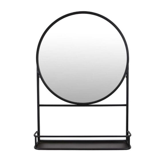 Wall Mirror Feno Decorative Wall Mirror, 28 Inch Round Black Metal Frame w Rack,Bathroom Mirror