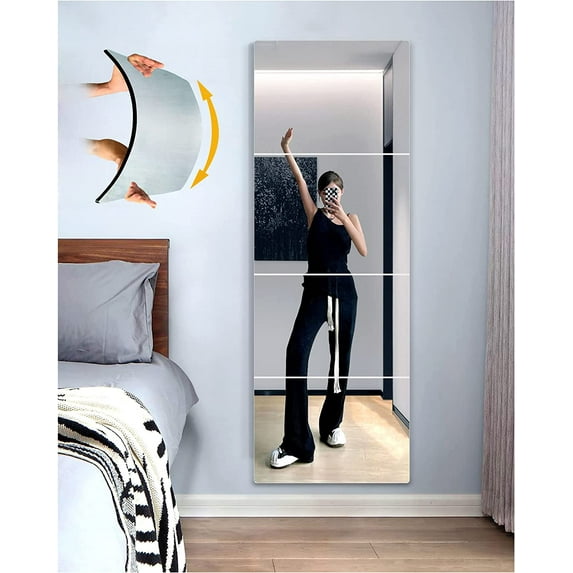 Wall Mirror Full Length Mirror for Bedroom Full Body,Shatterproof Mirror for Kids Tiles,large 12"x12"x4 Pcs,Unbreakable frameless Acrylic Gym Mirrors