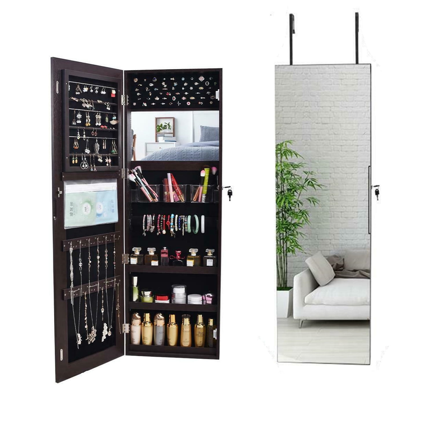 Wall Mirror Jewelry Cabinet Lockable Jewelry Armoire Organizer with ...