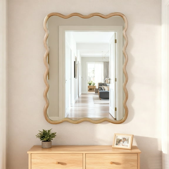 Wall Mirror Natural Wood 30"x40" Wavy Rectangle Solid Wood Frame Decorative Mirror,For Bedroom, Bathroom, Living Room, Entryway,Decorative Wall Mirror