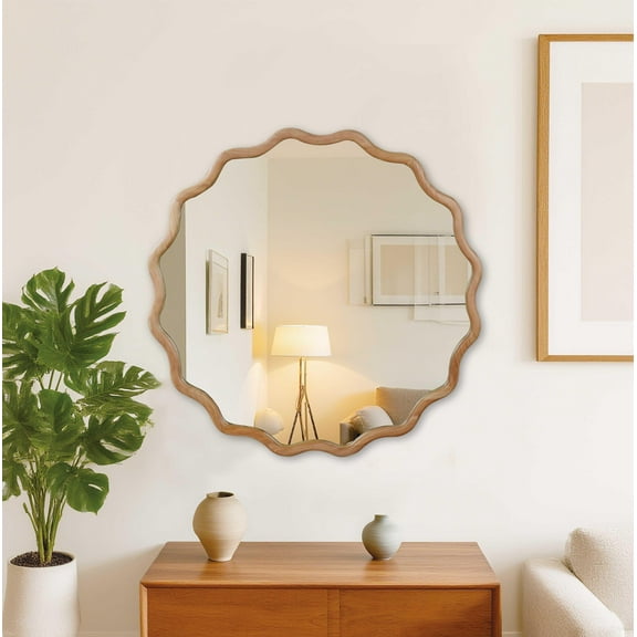 Wall Mirror Natural Wood Color 36 inch Wavy Round Solid Wood Frame Decorative Mirror,For Bedroom, Bathroom, Living Room, Entryway,Decorative Wall Mirror