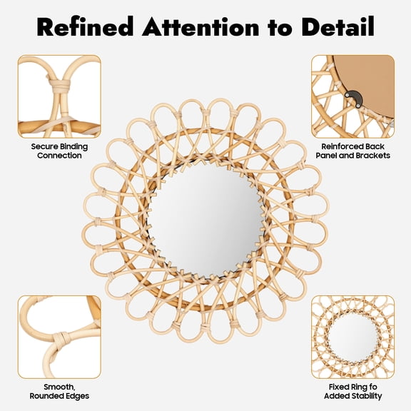 Wall Mirror Round Rattan 40cm Macrame Woven, 20cm Glass, Handmade Natural Wood, for Boho Living Room Bedroom Entryway Decor