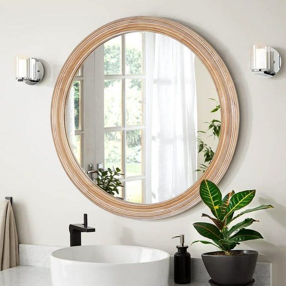 Wall Mirror Round Wood Framed Wall Mirror with Ribbed Detail, 23.62" Natural Wooden Circle Mirror for Bathroom, Bedroom, Entryway, Coastal & Farmhouse Style Decorative Mirror,Decorative Wall Mirror