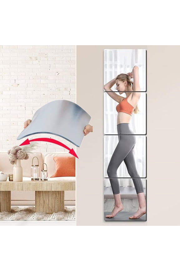 Wall Mirror Tiles 4PCS Self Adhesive Acrylic Full Length Mirror 18'' x 12'' Plastic Mirror Sheets Wall Decor Frameless Full Body Mirror Tiles for Bedroom Home Gym Bathroom Shatterproof Acrylic A42