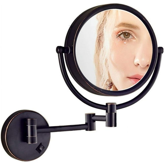 Wall Mirror, Wall Mounted Makeup Mirror with Magnification, Wall Mount Vanity Mirror with LED Lights, Two-Sided Extendable, 360 Degree Swivel, for Bathroom, Plug Operated. (Color : Matte Black, Siz