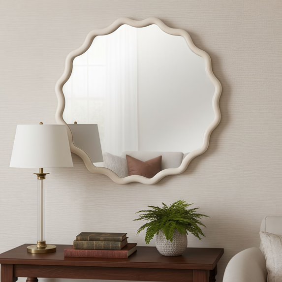 Wall Mirror White 36 inch Wavy Round Solid Wood Frame Decorative Mirror,For Bedroom, Bathroom, Living Room, Entryway,Decorative Wall Mirror