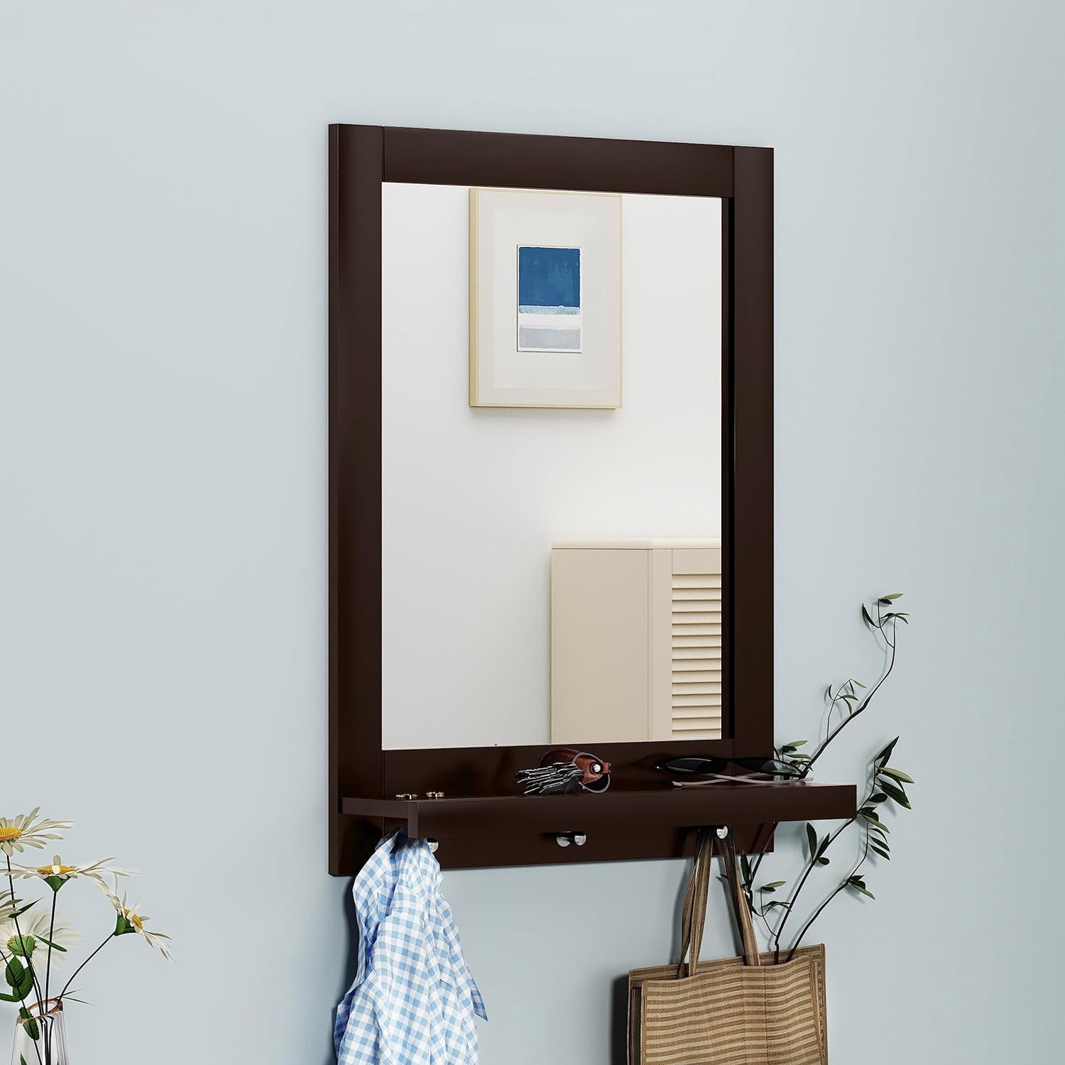 Wall Mirror with Shelf, Vanity Mirror with Hooks, Hanging Storage Wall ...