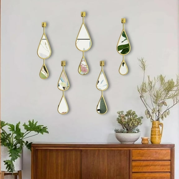 Wall Mirrors Decorative, Gold Tear Drop Shape Mirrors for Wall of Entryway, Living Room, Bedroom, Over Fireplace, Mantle Wall Decor Golden (Shiny Gold, 5 Pack)