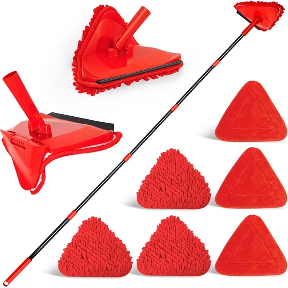 Wall Mop Cleaner with 80 inches Long Handle, 180? Folding Ceiling Cleaning Tool with  for Washing Painted Walls, Triangle Baseboard  with 3 Chenille Duster and 3 Microfiber Pads