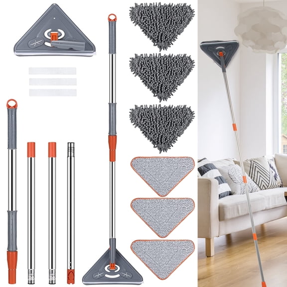 Wall Mop with Extension Poles, 25" to 82" Adjustable Long Handle, Ceiling Cleaner with 6 Dry & Wet Replacement Mop Pads, 180 Rotatable Mop Head with 3 Rubber Squeegees for Wall Ceiling Cleaning