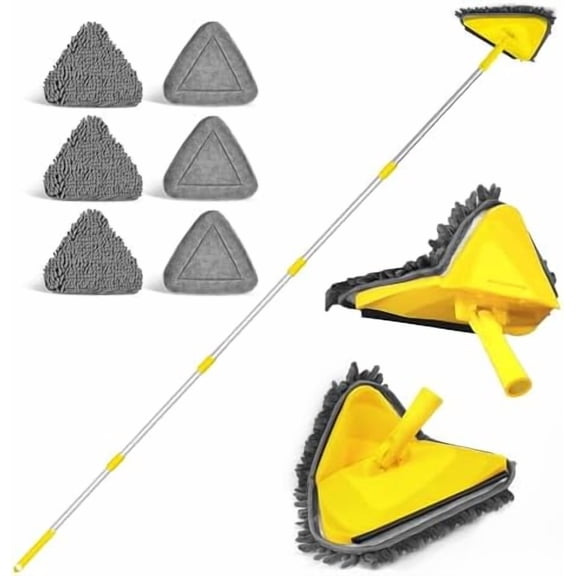 Wall Mop with Long Handle 80 Inches, Upgraded 180° Collapsible Baseboard Cleaner Tool with Squeegee, Ceiling Duster with 3 Microfiber and 3 Chenille Pads for Cleaning Window, Cabinet (Yellow)