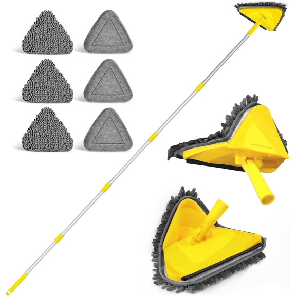 Wall Mop with Long Handle 80 Inches, Upgraded 180 Collapsible Baseboard Cleaner Tool Squeegee, Ceiling Duster 3 Microfiber and Chenille Pads for Cleaning Window, Cabinet (Yellow)