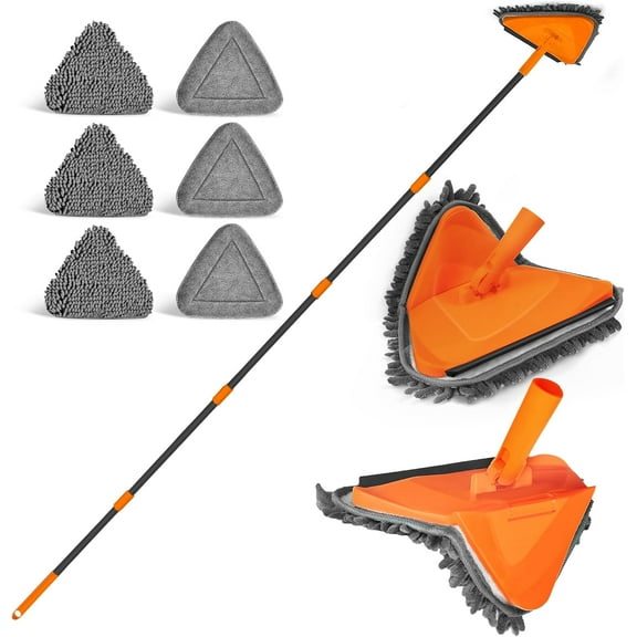 Wall Mop with Long Handle 80 inches, Upgraded 180° Collapsible Baseboard Cleaner Tool with Squeegee, Ceiling Duster with 3 Microfiber and 3 Chenille Pads for Cleaning Window, Cabinet (Orange)