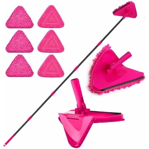 Wall Mop with Long Handle 80 inches, Upgraded 180° Collapsible Baseboard Cleaner Tool with Squeegee, Ceiling Duster with 3 Microfiber and 3 Chenille Pads for Cleaning Window, Cabinet (Rose Red)
