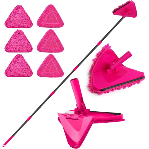 Wall Mop with Long Handle 80 inches, Upgraded 180 Collapsible Baseboard Cleaner Tool Squeegee, Ceiling Duster 3 Microfiber and Chenille Pads for Cleaning Window, Cabinet (Rose Red)