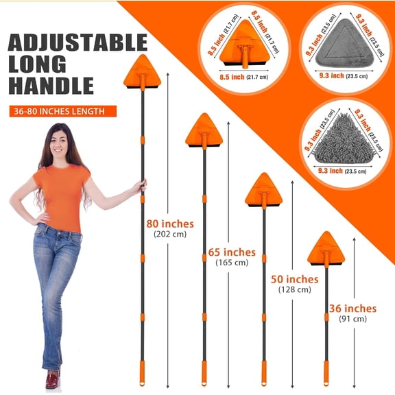 Wall Mop with Long Handle, Upgraded 180 Collapsible Baseboard Cleaner Tool with Squeegee, Ceiling Duster with 3 Microfiber and 3 Chenille Pads for Cleaning Window, Cabinet (Orange & Rose Red)