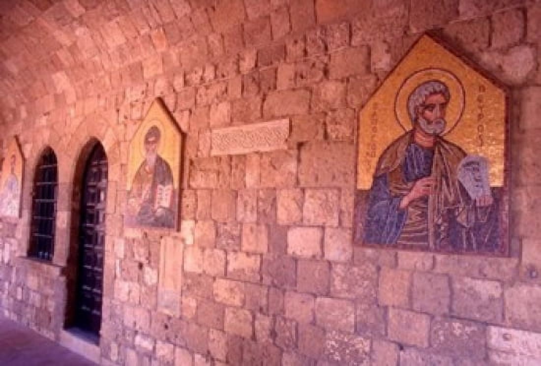 Wall Mosaics in the Cloister Filerimos Monastery Rhodes Dodecanese Islands Greece Canvas Art - Steve Outram DanitaDelimont (19 x 12)