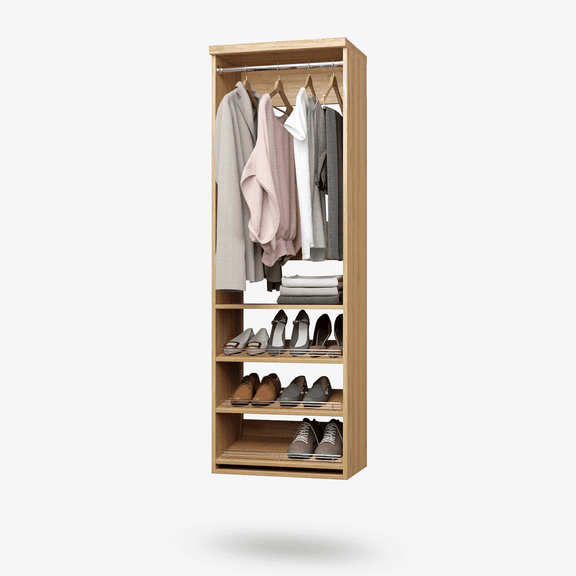 Wall-Mount 19.5" Closet Tower in Classic Oak with 1 Hanging Rod & 3 Shoe Shelves