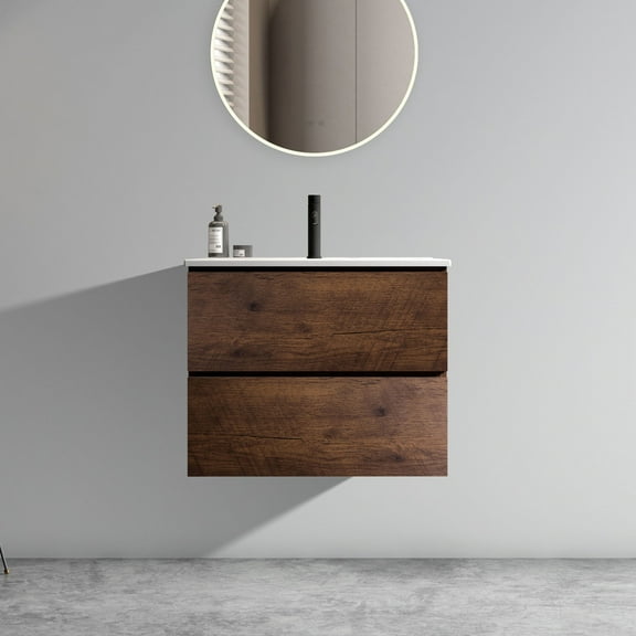 Wall Mount 24" Bathroom Vanity with Ceramic Sink with one faucet hole, Large Storage Floating Bathroom Vanity for Modern Bathroom, One-Piece Sink Basin without Drain and Faucet, Walnut