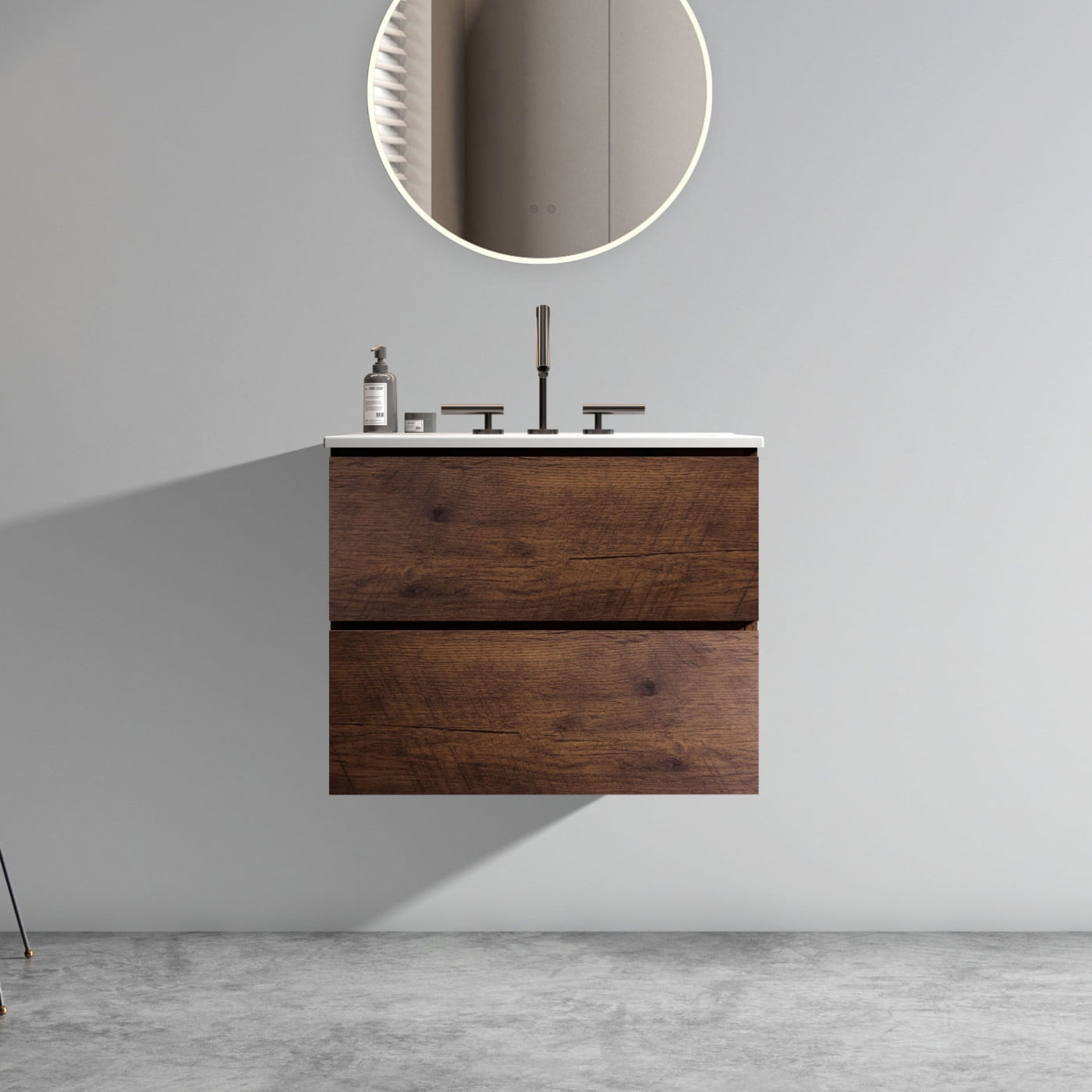 Wall Mount 24-Inch Walnut Bathroom Vanity with Ceramic Sink, Floating ...