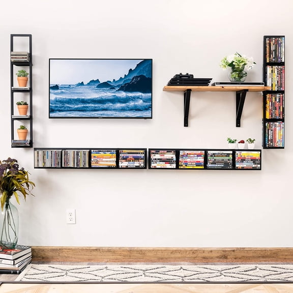 Wall Mount 34 Inch Media Storage Rack CD DVD Organizer Metal Floating Shelf Set of 2 Black