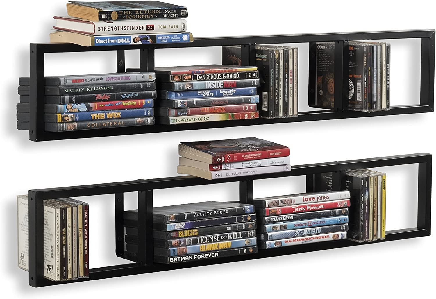 Wall Mount 34 Inch Media Storage Rack CD DVD Organizer Metal Floating Shelf Set of 2 Black