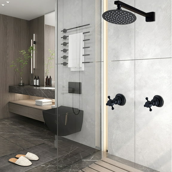Wall Mount 8" Black Rain Shower Head 2 Handles Cold & Hot Faucet Mixer Tap Set