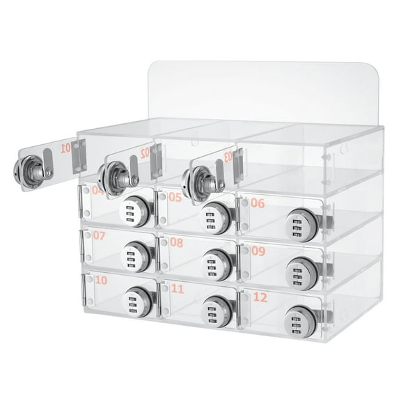 Wall Mount Acrylic Cell Phone 12 Slots Clear  Locker Box Tabletop Transparent Rectangular Storage Box W/Locks for Office School
