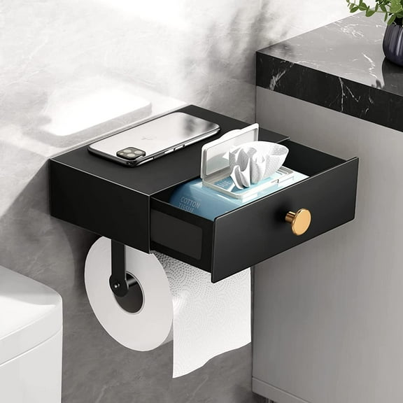 Wall-Mount Adhesive Toilet Paper Holder: Storage Drawer & Shelf - Black/Gold