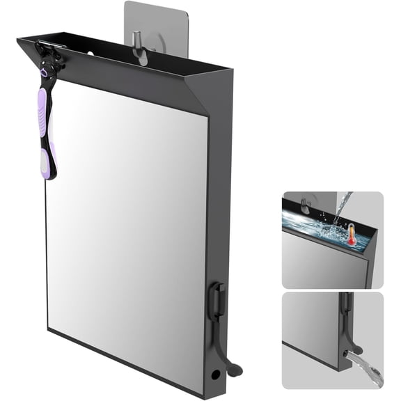 Wall Mount Anti Fog Mirror for Shower,Large Black Mirror for Bathroom,Hot Water Defogging Shower Mirrors for Shaving for Women Makeup,Heated Makeup Mirror with Hook