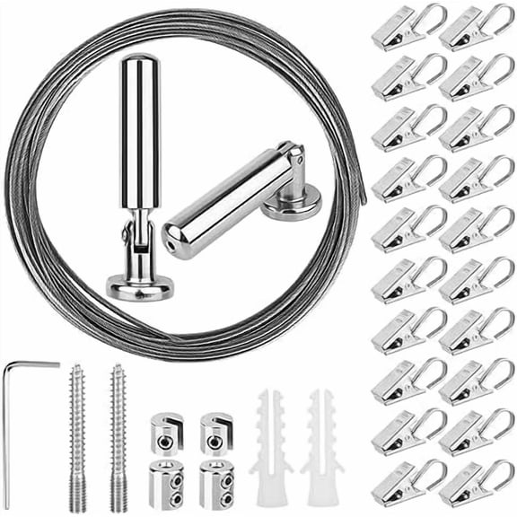 Wall Mount Art Projects Display Curtain Rod Set (5 Meters) with 20 Clips - Stainless Steel Photo Hanging Clothesline Window Curtain Tension Wire Multi-Purpose Crafts Organizer